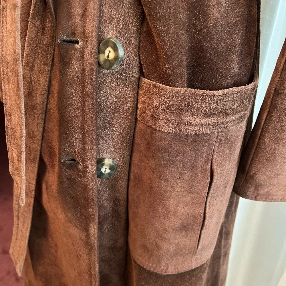Vintage split cowhide brown suede coat lamb collar wrap style size Med - Picture 3 of 13